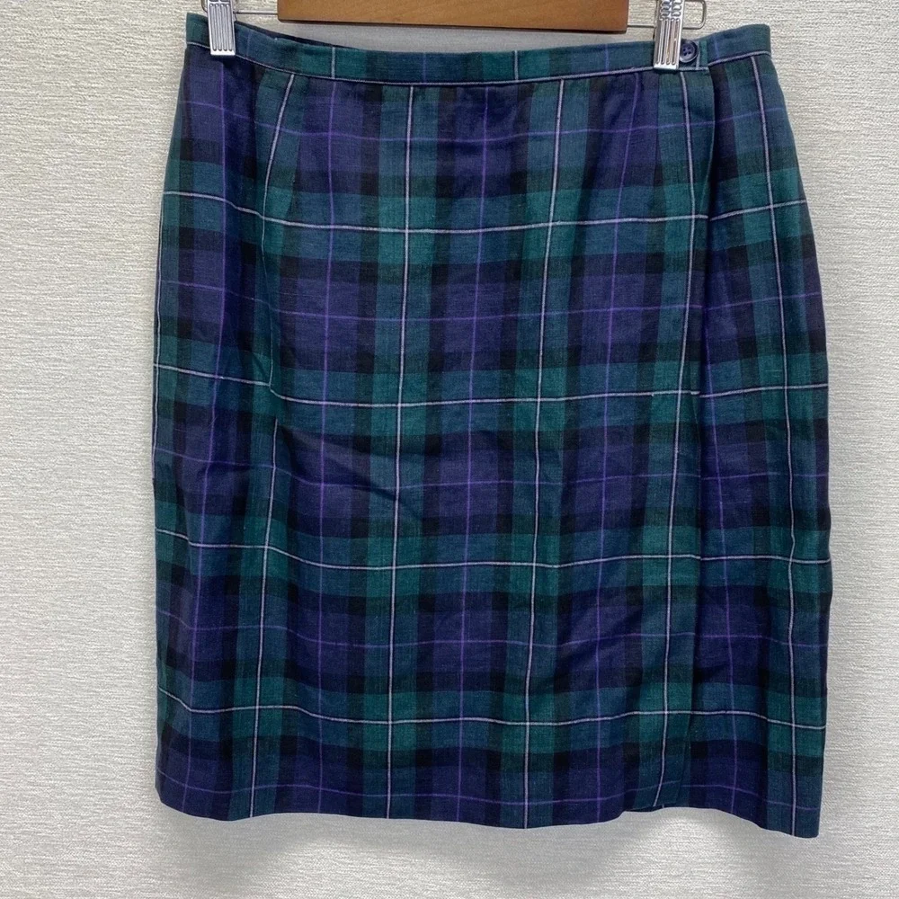 VTG‎ Chelsea Cambell Charter Club Plaid 100% Linen Wrap Skirt Women 12